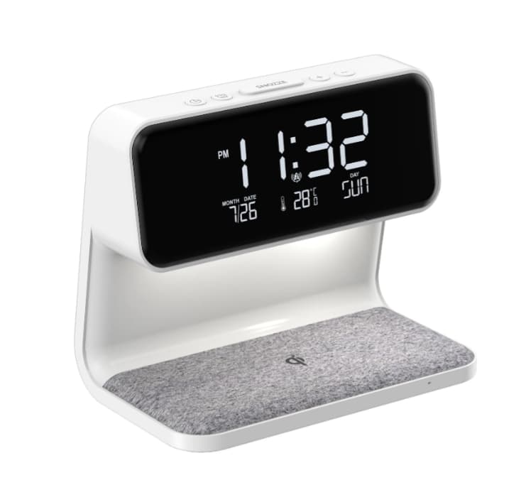 Hot High Quality White Plastic 5W Wireless Charger 3-Ll Brightness Adjustable LED Bedside Lamp with Clock